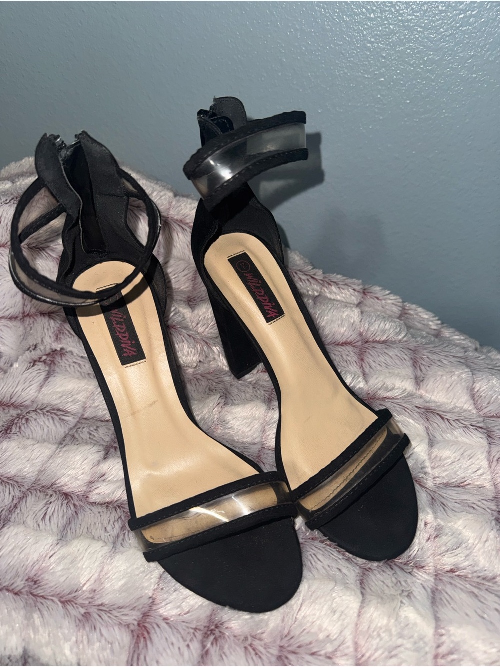 Women’s Black Ankle-Strap Block Heels with Clear Trim